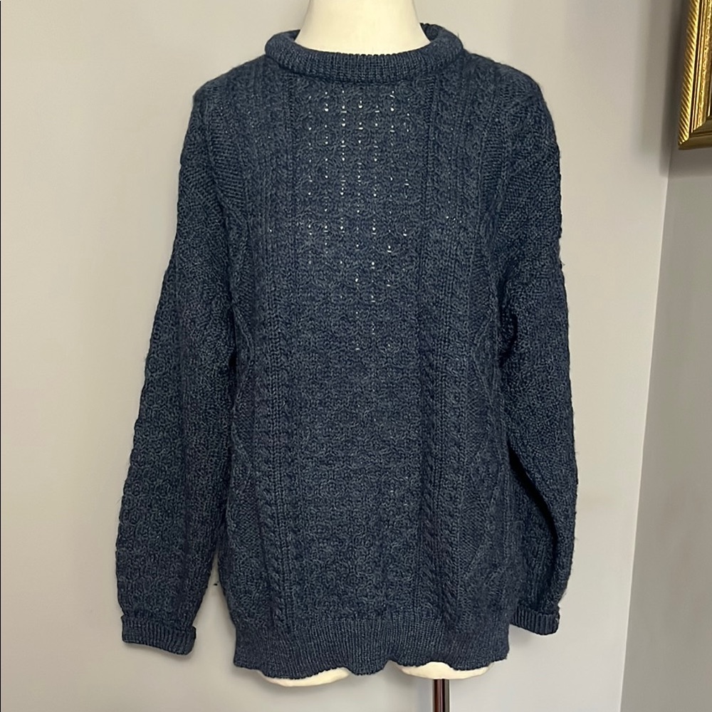 Aran Crafts XL Wool Blue Chunky Cable Knit Sweater
